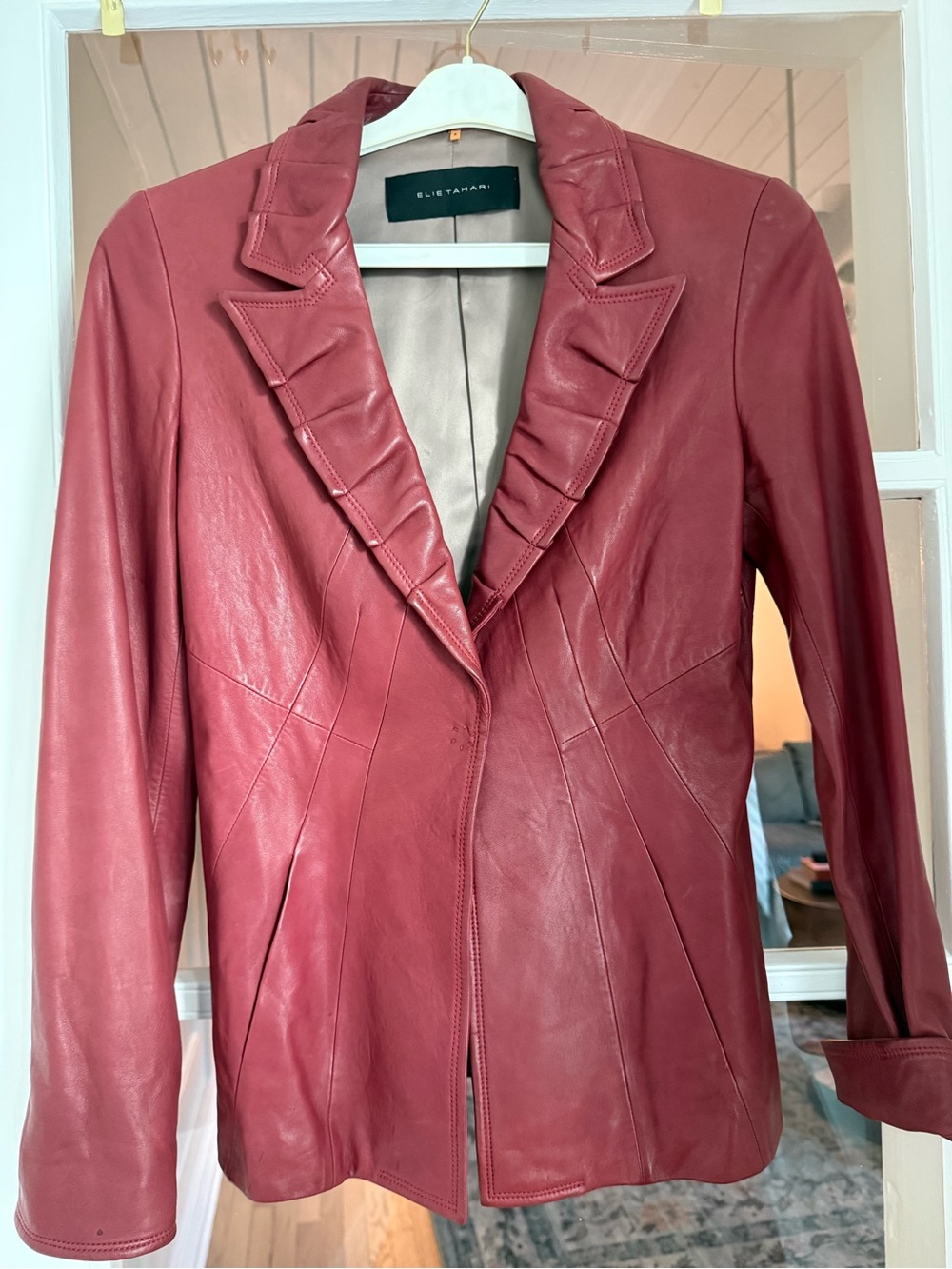 Elie Tahari Rose-Red Leather Ruffled Lapel Jacket